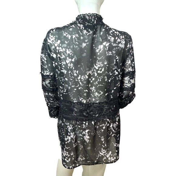 DKNY Blouse M Black White Speckled Lace Trim Long Sleeves Ruffle Neck Ties Sheer - Picture 3 of 16
